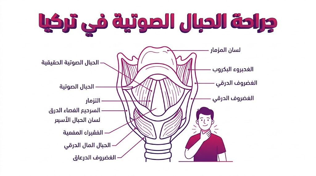 إنفوجرافيك طبي يشرح التشريح الداخلي للحنجرة والتقنيات المستخدمة في جراحة الحبال الصوتية في تركيا.