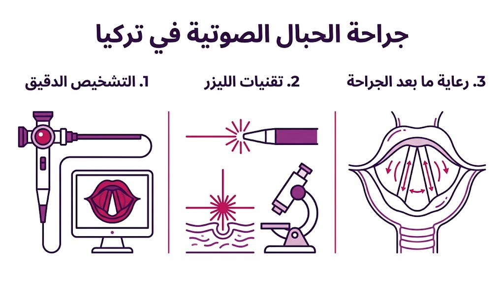 بوستر إنفوجرافيك يوضح مراحل التشخيص والجراحة والتعافي ضمن جراحة الحبال الصوتية في تركيا.