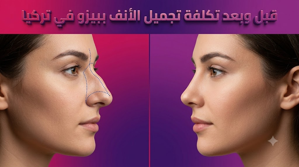 مقارنة واقعية قبل وبعد لعملية نحت عظام الأنف توضح نتائج تكلفة تجميل الأنف ببيزو في تركيا بدقة متناهية وبدون كدمات.
