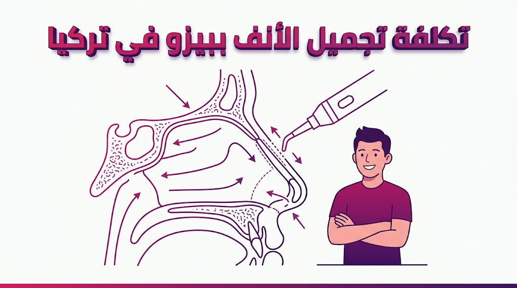 مخطط إنفوجرافيك تشريحي يوضح التقنية الطبية المتقدمة لتعديل بنية العظام والتعرف على تكلفة تجميل الأنف ببيزو في تركيا.