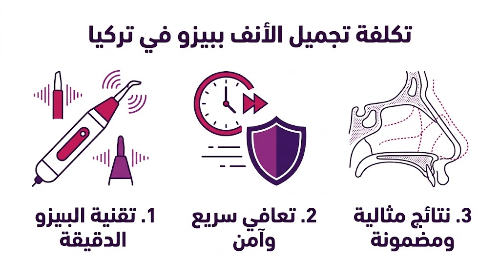 إنفوجرافيك طبي مقسم لثلاثة أقسام رئيسية يستعرض مميزات وعناصر تكلفة تجميل الأنف ببيزو في تركيا بشكل هندسي دقيق.