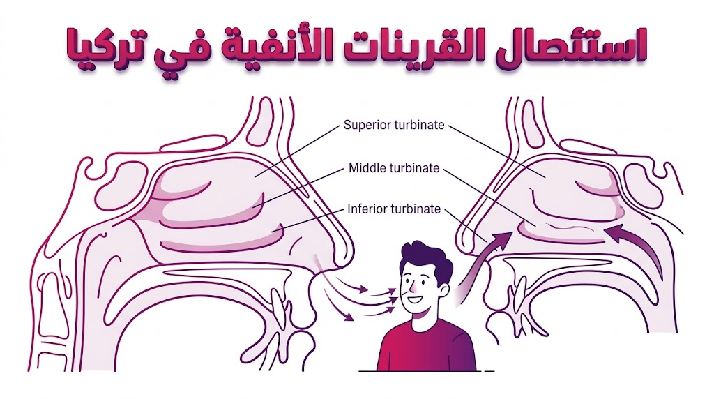 رسم بياني طبي يوضح التشريح الداخلي للأنف وإجراء استئصال القرينات الأنفية في تركيا