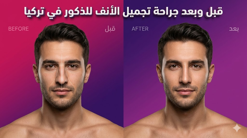 مقارنة دقيقة تظهر النتائج قبل وبعد جراحة تجميل الأنف للذكور في تركيا مع إظهار الخطوط الطبية التوجيهية وتناسق الملامح.