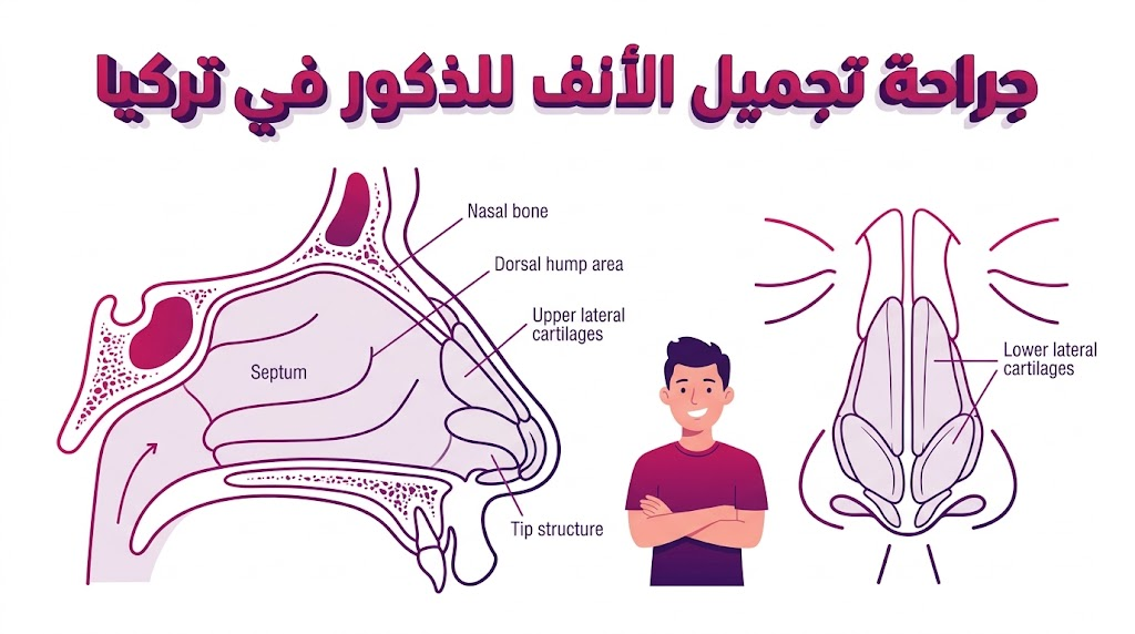  إنفوجرافيك تشريحي دقيق يستعرض الهيكل الغضروفي والعظمي الداخلي ضمن جراحة تجميل الأنف للذكور في تركيا.