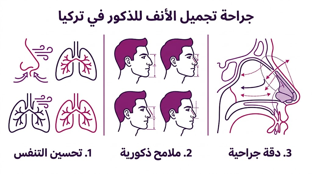 تصميم إنفوجرافيك طبي يشرح فوائد وخطوات جراحة تجميل الأنف للذكور في تركيا بدقة علمية.