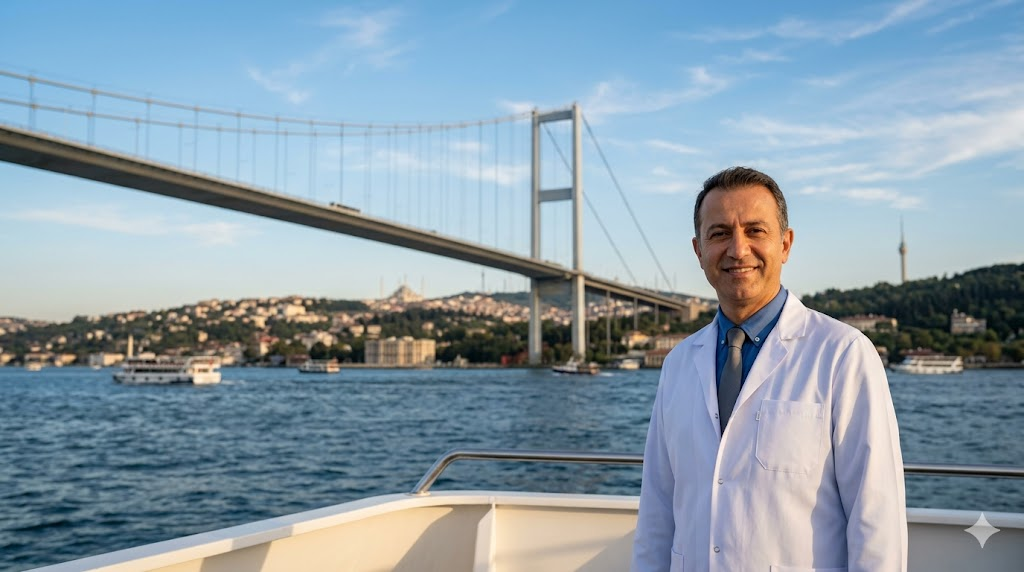 جراح تجميل خبير يقف بثقة أمام جسر البوسفور، ليمثل وجهة الرعاية الطبية المثالية لإجراء جراحة تجميل الأنف للذكور في تركيا.