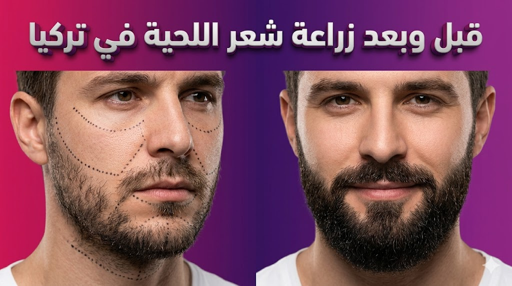  مقارنة قبل وبعد توضح نتائج زراعة شعر اللحية في تركيا وظهور الكثافة الكاملة في منطقة الذقن.