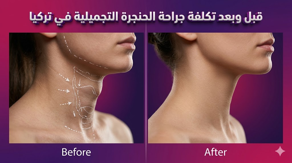 صورة واقعية تظهر نتائج ما قبل وبعد توضح تكلفة جراحة الحنجرة التجميلية في تركيا مع التركيز على نعومة الرقبة.