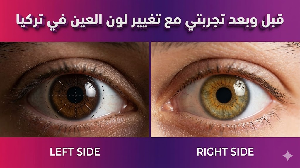 مقارنة قبل وبعد تظهر تحول لون العين ضمن تجربتي مع تغيير لون العين في تركيا مع تخطيط طبي.