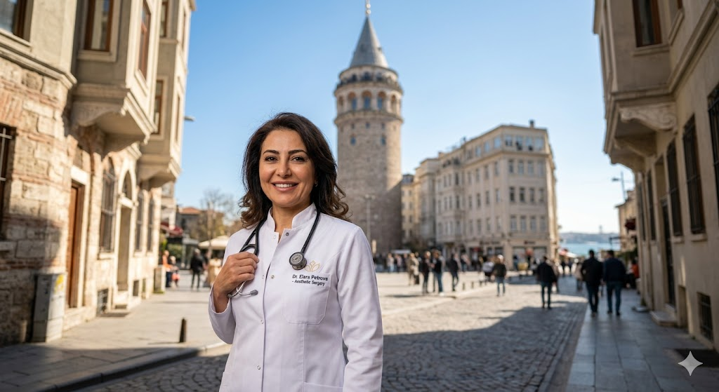 طبيب عيون مختص يقف أمام برج غالاتا في اسطنبول، يرمز لمركز التميز في نتائج عملية تغيير لون العين في تركيا.