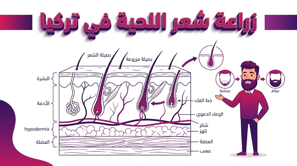 مخطط إنفوجرافيك طبي يوضح العلم التشريحي لعملية زراعة شعر اللحية في تركيا وكيفية غرس البصيلات.