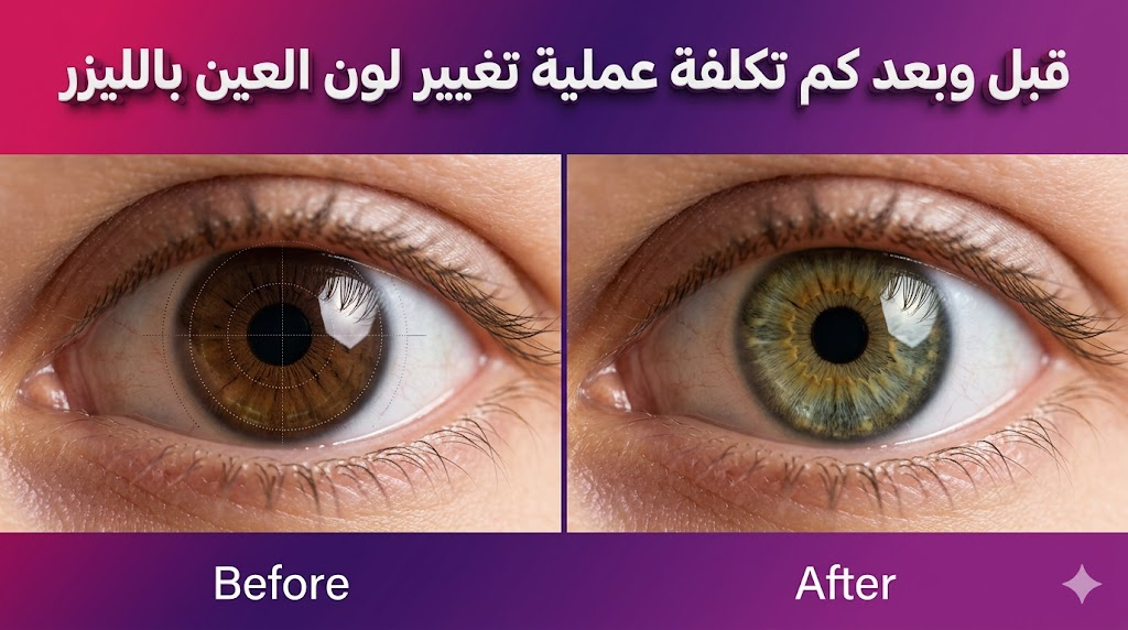 مقارنة قبل وبعد توضح نتائج و كم تكلفة عملية تغيير لون العين بالليزر مع ظهور تغير لون القزحية بشكل طبيعي.
