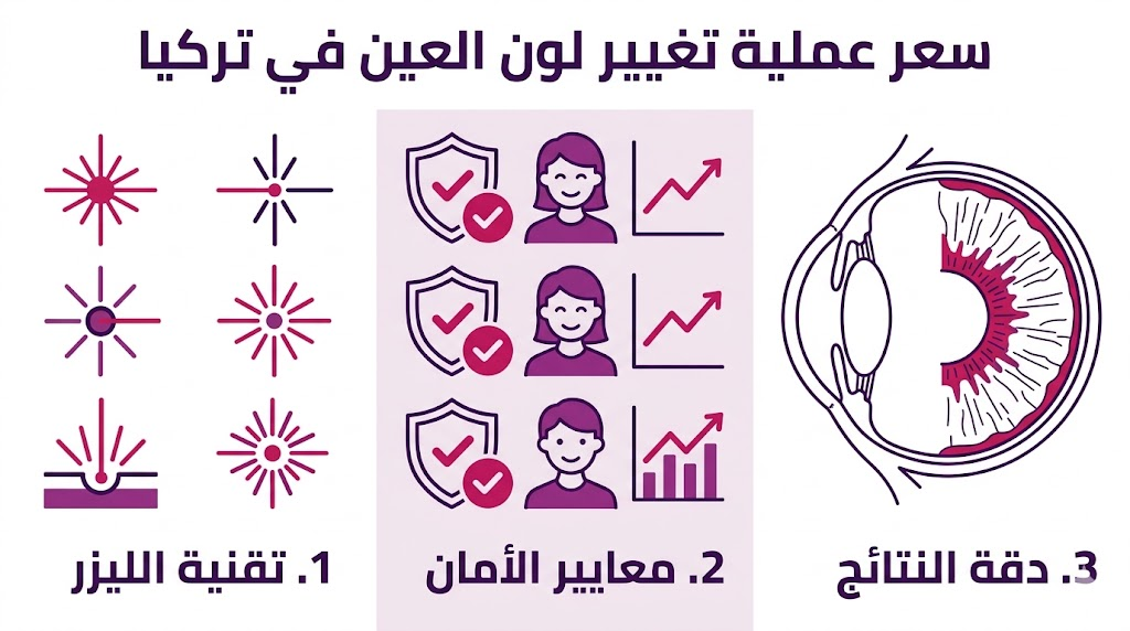 بوستر إنفوجرافيك يوضح الركائز الثلاث التي تحدد سعر عملية تغيير لون العين في تركيا: التقنية، الأمان، والنتائج.
