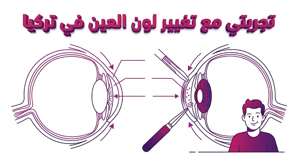 إنفوجرافيك تشريحي يوضح التقنية الطبية المستخدمة في تجربتي مع تغيير لون العين في تركيا بأسلوب المتجهات.
