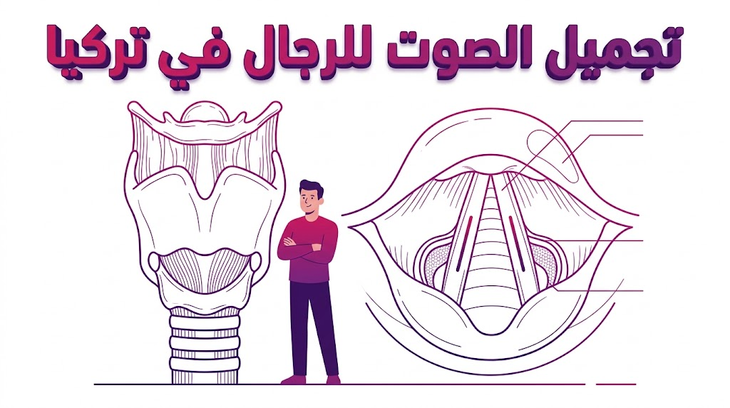  مخطط تشريحي تعليمي يوضح تفاصيل الأحبال الصوتية وكيفية إجراء عملية تجميل الصوت للرجال في تركيا.