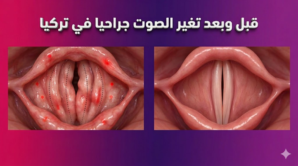  مقارنة توضيحية للأحبال الصوتية قبل وبعد تغير الصوت جراحيا في تركيا توضح دقة النتائج الطبية.