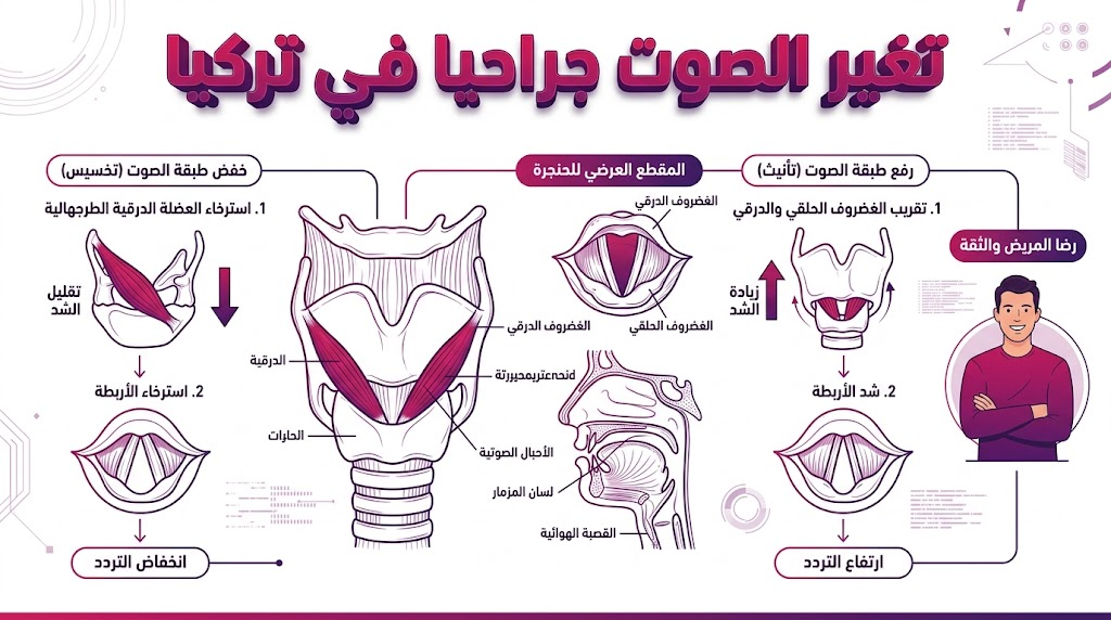 مخطط تشريحي علمي يوضح آلية عمل تغير الصوت جراحيا في تركيا بنظام الفيكتور المتطور.