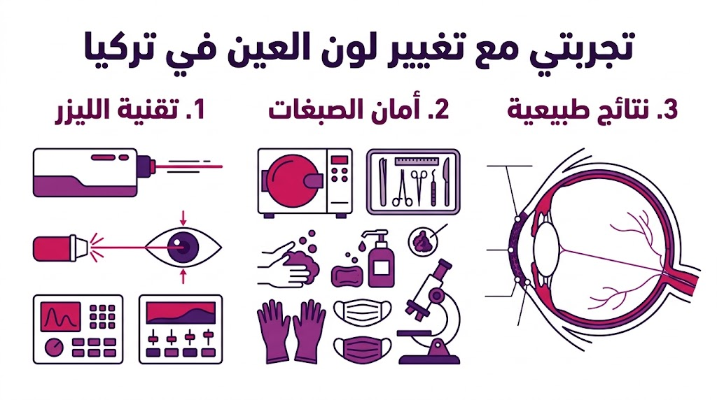  بوستر معلوماتي مقسم لثلاثة أقسام يشرح مميزات تجربتي مع تغيير لون العين في تركيا.