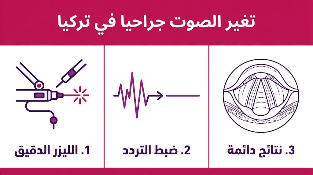  إنفوجرافيك طبي يشرح مراحل تغير الصوت جراحيا في تركيا والتقنيات المستخدمة.