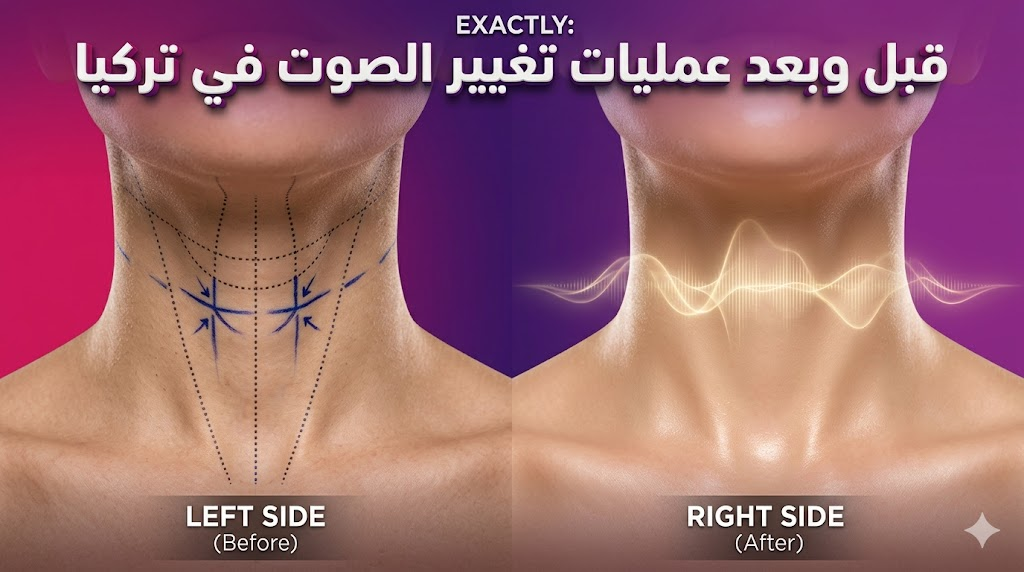 صورة مقارنة قبل وبعد توضح علامات التخطيط الجراحي لـ عمليات تغيير الصوت في تركيا مع ترميز فني للنتائج.