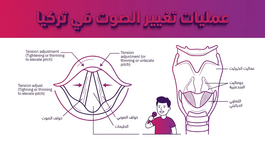 إنفوجرافيك تعليمي يوضح التشريح الداخلي للحنجرة والأحبال الصوتية ضمن سياق عمليات تغيير الصوت في تركيا.