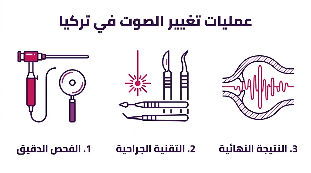 إنفوجرافيك مقسم لثلاثة أقسام يشرح مراحل عمليات تغيير الصوت في تركيا من الفحص حتى النتيجة.