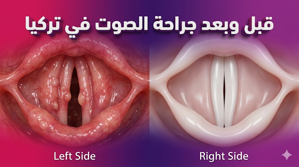 مقارنة مجهرية قبل وبعد جراحة الصوت في تركيا توضح تعافي الأحبال الصوتية من الالتهابات والنتوءات.