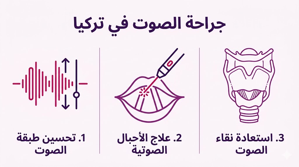  إنفوجرافيك مقسم لثلاثة أقسام يوضح خطوات ونتائج جراحة الصوت في تركيا من تحسين الطبقة وعلاج الأوتار.