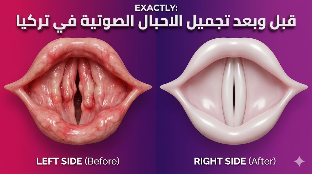  مقارنة قبل وبعد تجميل الاحبال الصوتية في تركيا تظهر تعافي الأوتار الصوتية بوضوح.