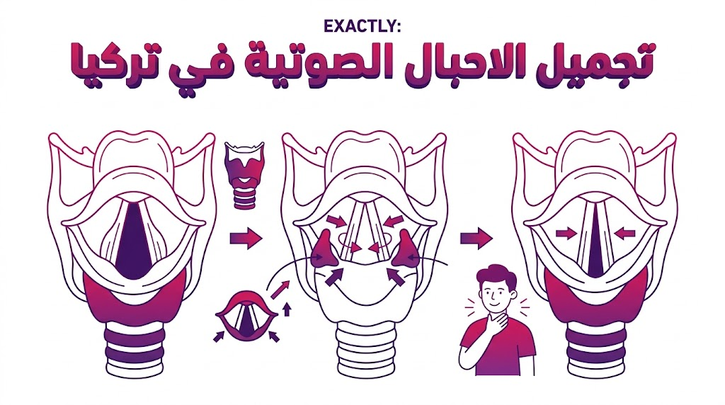 مخطط تشريحي تعليمي يوضح آلية تجميل الاحبال الصوتية في تركيا وتعديل الأوتار.