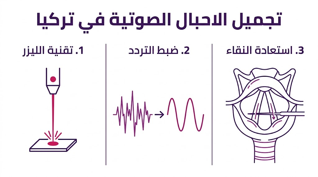  إنفوجرافيك طبي يشرح مراحل تجميل الاحبال الصوتية في تركيا باستخدام الليزر وأحدث التقنيات.