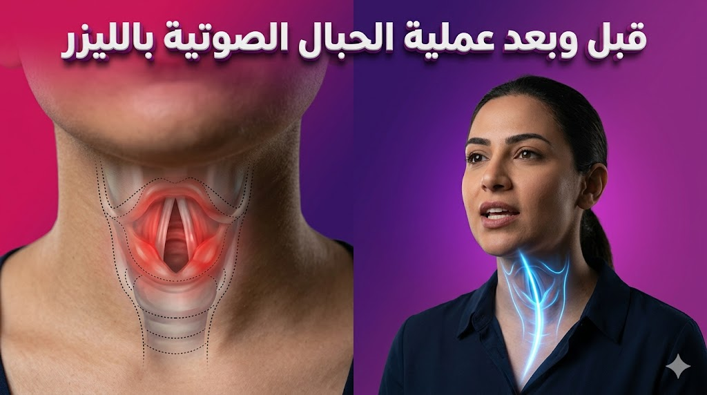 مقارنة قبل وبعد تظهر دقة النتائج والتعافي بعد إجراء عملية الحبال الصوتية بالليزر.