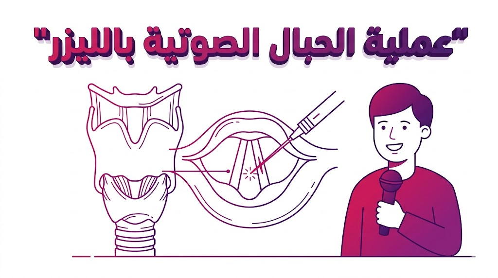  إنفوجرافيك تعليمي يوضح التشريح الداخلي وكيفية عمل الليزر أثناء عملية الحبال الصوتية بالليزر.
