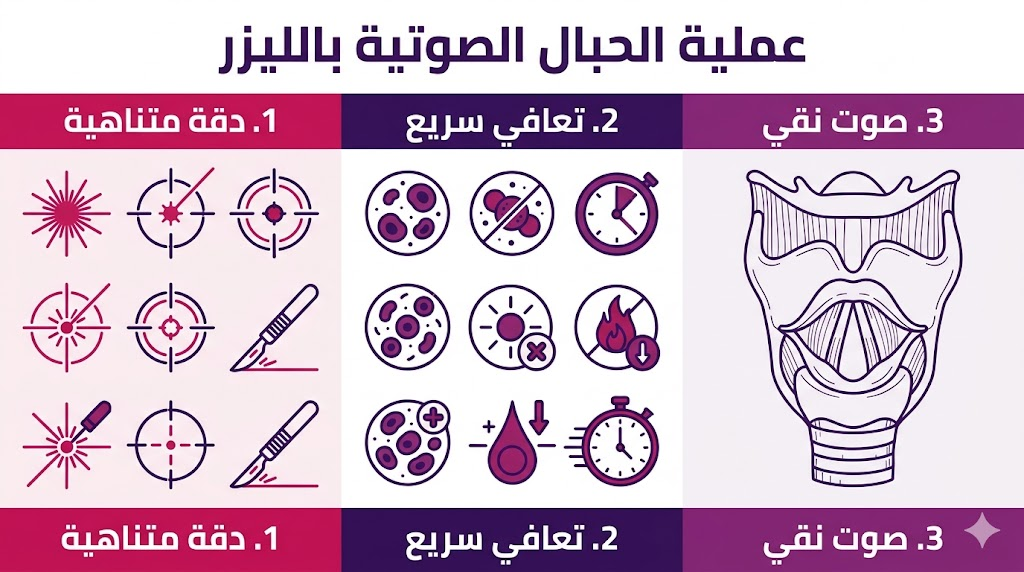  ملصق إنفوجرافيك طبي يوضح المزايا الثلاث الرئيسية لإجراء عملية الحبال الصوتية بالليزر.
