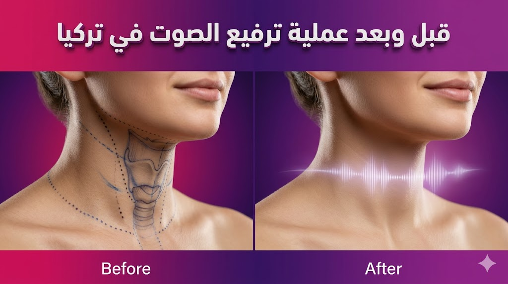 مقارنة قبل وبعد تظهر التخطيط الجراحي والنتائج النهائية الناجحة لـ عملية ترفيع الصوت في تركيا.