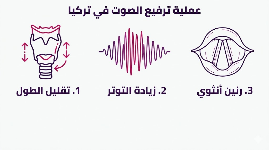  إنفوجرافيك طبي يشرح الخطوات التقنية لتقليل طول الأحبال الصوتية خلال عملية ترفيع الصوت في تركيا.