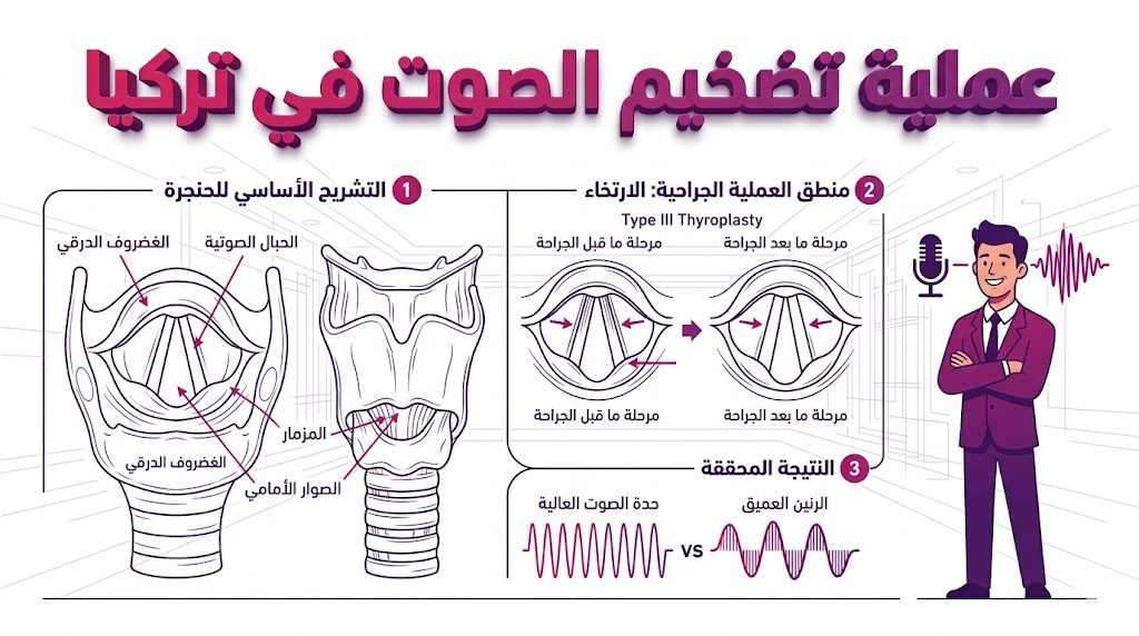إنفوجرافيك طبي يوضح التشريح الداخلي للأحبال الصوتية وكيفية إجراء عملية تضخيم الصوت في تركيا.