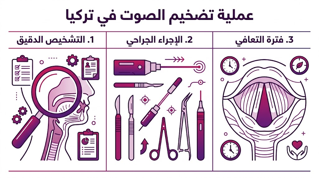  مخطط معلومات بياني (إنفوجرافيك) يشرح مراحل عملية تضخيم الصوت في تركيا من التشخيص إلى التعافي.