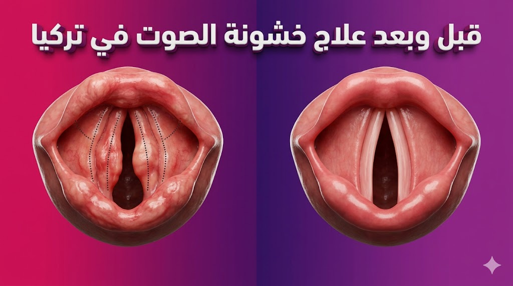 مقارنة قبل وبعد توضح نجاح عملية علاج خشونة الصوت في تركيا واستعادة صحة الحبال الصوتية.