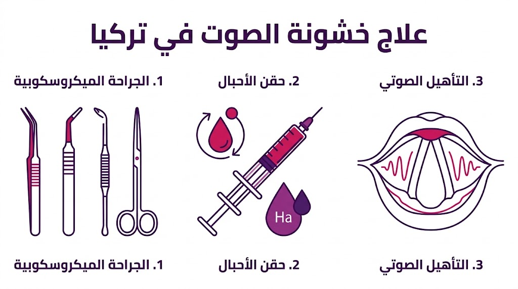إنفوجرافيك يشرح المراحل الثلاث الأساسية لعملية علاج خشونة الصوت في تركيا.