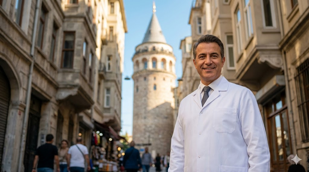  طبيب متخصص في زراعة شعر اللحية في تركيا يقف أمام برج غالاتا التاريخي في مدينة اسطنبول.