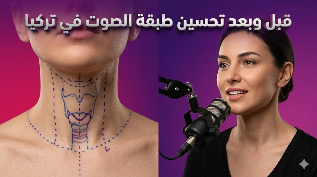 مقارنة قبل وبعد تظهر علامات التخطيط الجراحي على الرقبة ونتائج عملية تحسين طبقة الصوت في تركيا مع نص عربي ثلاثي الأبعاد.