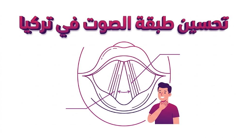  إنفوجرافيك طبي يوضح التشريح الداخلي للحنجرة والأحبال الصوتية لعملية تحسين طبقة الصوت في تركيا بأسلوب رسم خطي تعليمي.