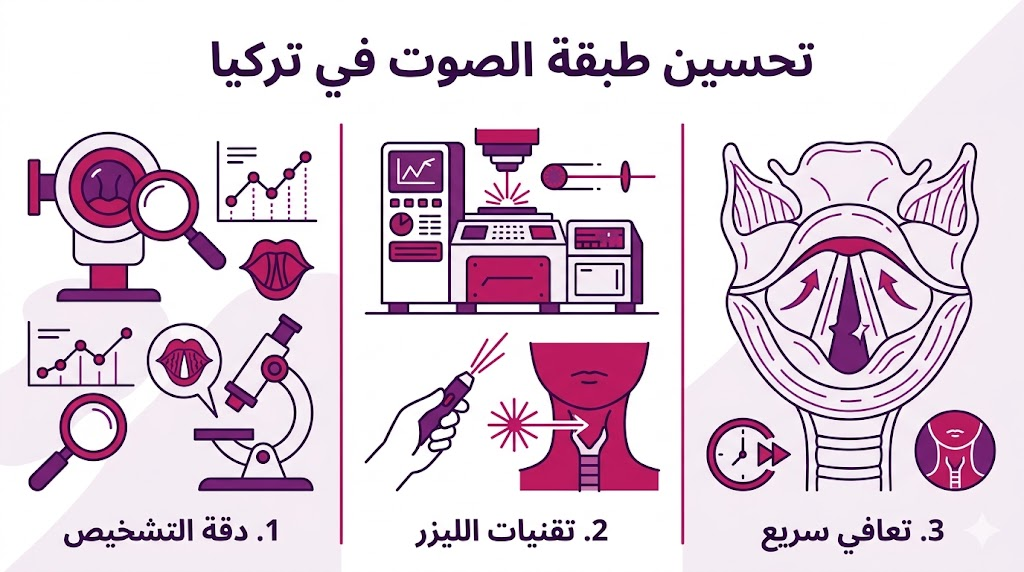  بوستر إنفوجرافيك مقسم لثلاثة أقسام يشرح دقة التشخيص وتقنيات الليزر والتعافي السريع في تحسين طبقة الصوت في تركيا.