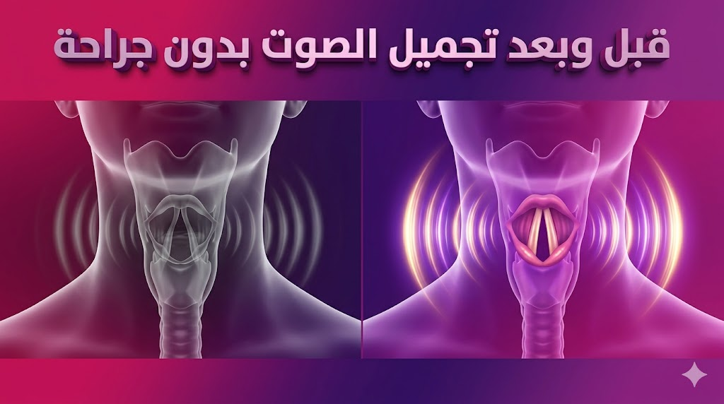 مقارنة توضيحية قبل وبعد تجميل الصوت بدون جراحة تظهر تحسن اهتزاز الأحبال الصوتية ونقاء الموجات الصوتية.