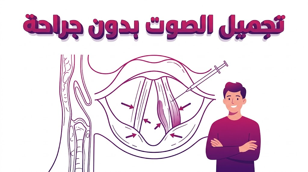 مخطط طبي تشريحي يوضح كيفية حقن الأحبال الصوتية في عملية تجميل الصوت بدون جراحة.