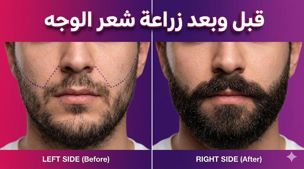  مقارنة قبل وبعد لنتائج عملية زراعة شعر الوجه توضح الكثافة والمظهر الطبيعي الجديد.
