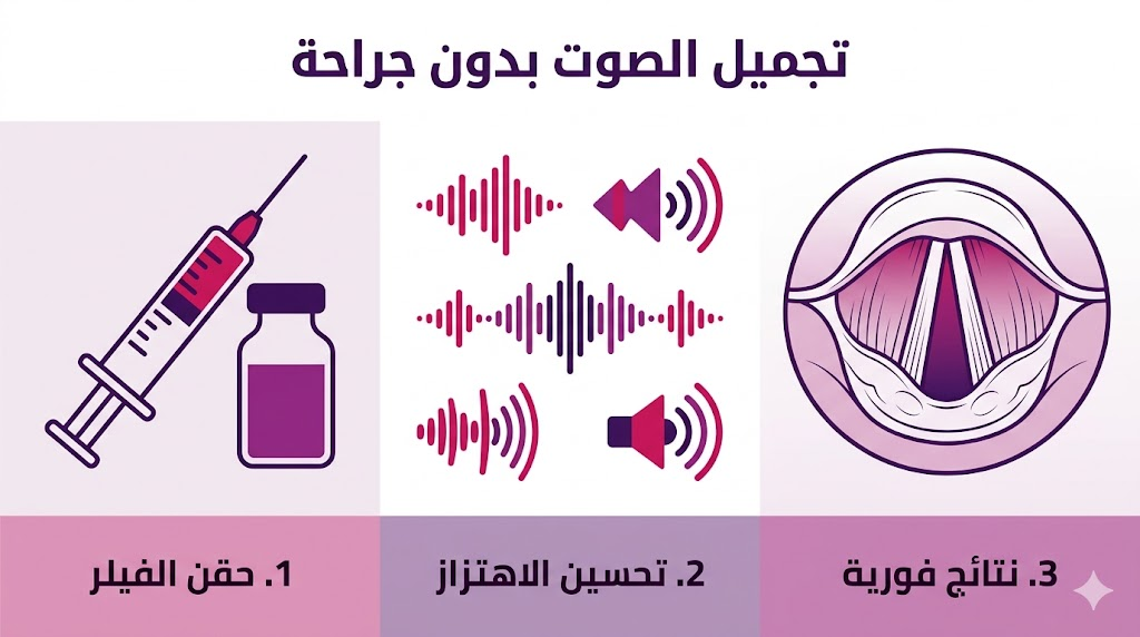  إنفوجرافيك طبي يشرح مراحل تجميل الصوت بدون جراحة من الحقن إلى النتائج النهائية.