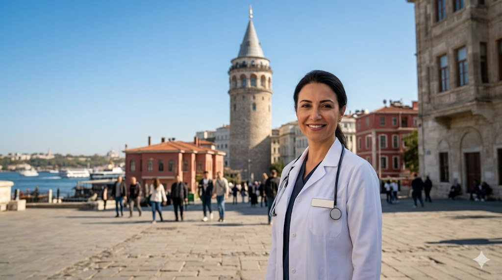 طبيب متخصص في تجميل الصوت بدون جراحة يقف أمام برج غالاتا في اسطنبول بتركيا.