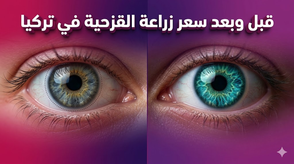 مقارنة قبل وبعد توضح نتائج سعر زراعة القزحية في تركيا على العين مع نص ثلاثي الأبعاد باللغة العربية.